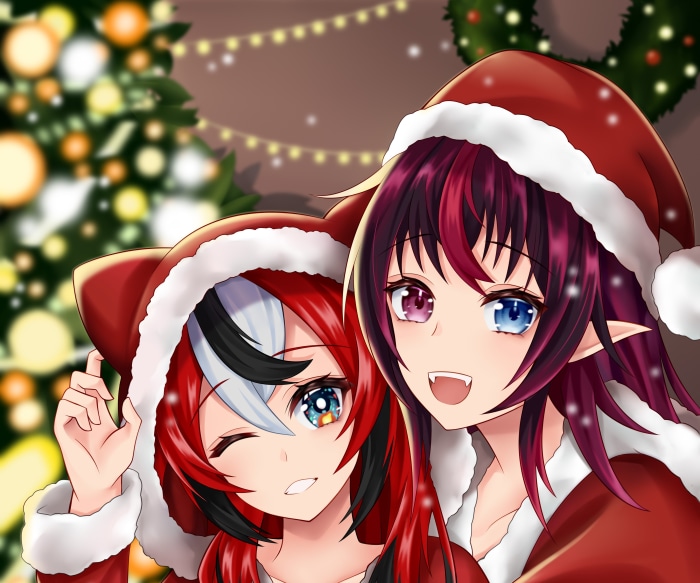 Hakos Baelz and IRyS from Hololive wearing Santa hats