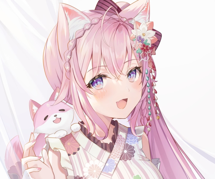 Hakui Koyori from Hololive with a fox plushie