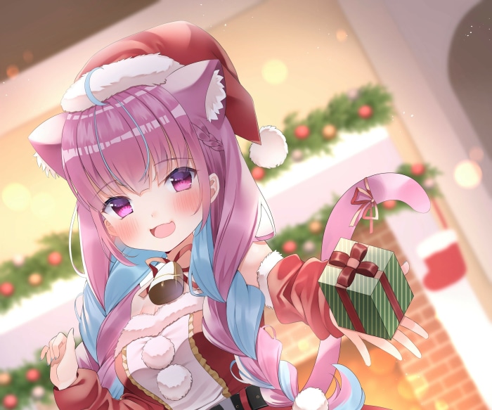 Minato Aqua from Hololive with cat ears and Christmas outfit