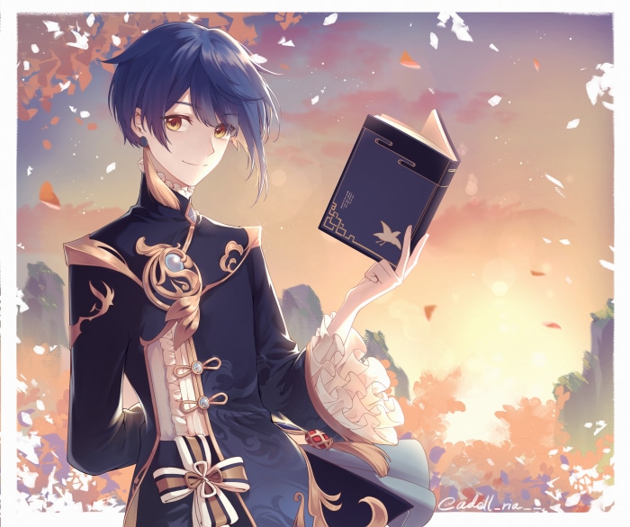 Xingqiu from Genshin Impact holding a book