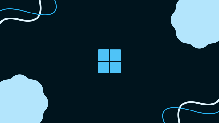 Windows 11 logo on dark background with abstract shapes