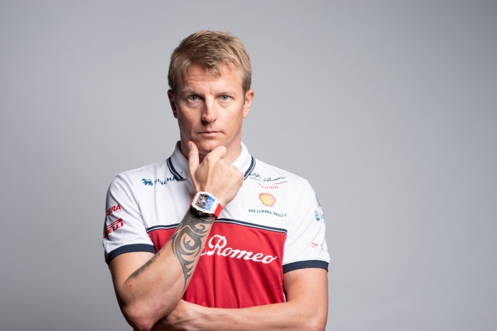 Kimi Räikkönen wearing Alfa Romeo racing shirt and Richard Mille watch
