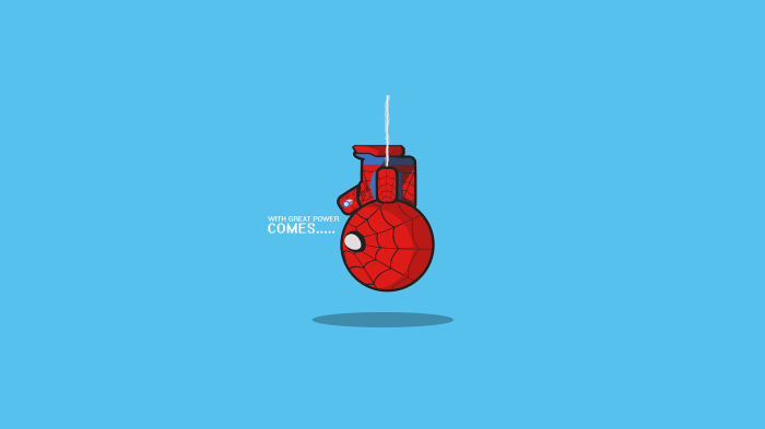 Spider-Man hanging upside down with text