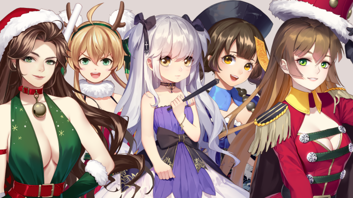 Five anime girls in festive outfits