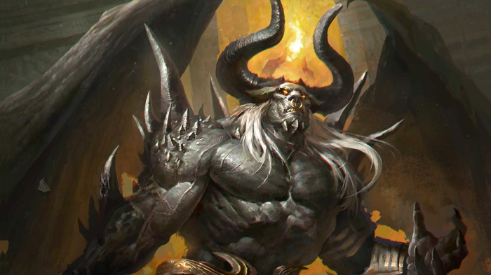 Demon with horns and wings in fire
