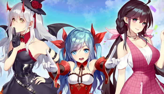 Three anime girls with horns and wings