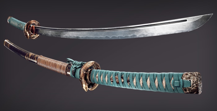 Katana sword with ornate hilt and scabbard