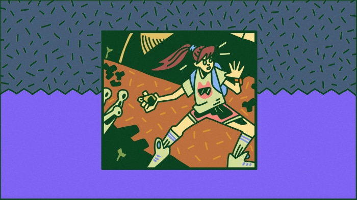 Girl with backpack and alien creature in a strange landscape