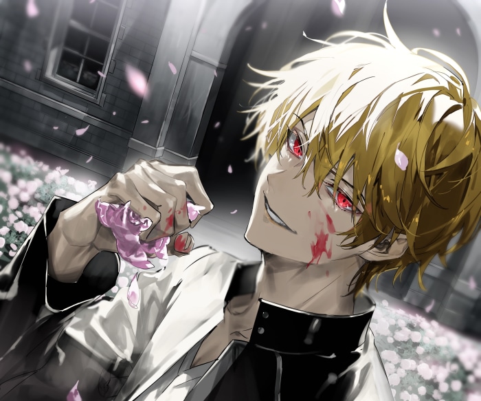 Gilgamesh from Fate Series holding pink petals