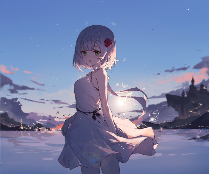 Noelle from Genshin Impact by the sea at sunset