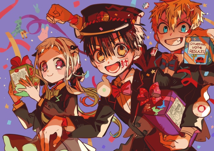 Hanako-kun, Kou Minamoto, and Nene Yashiro from Jibaku Shounen Hanako-kun