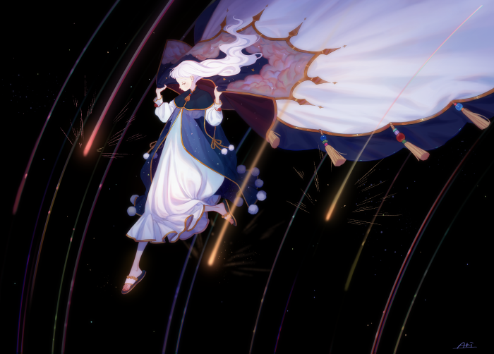 Girl in a starry sky with shooting stars