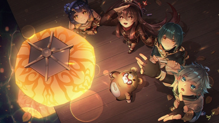 Genshin Impact characters Xiangling, Hu Tao, Xingqiu, Chongyun, and Guoba