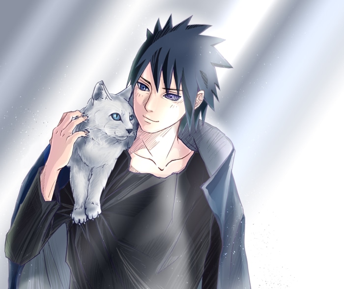 Sasuke Uchiha from Naruto with a cat