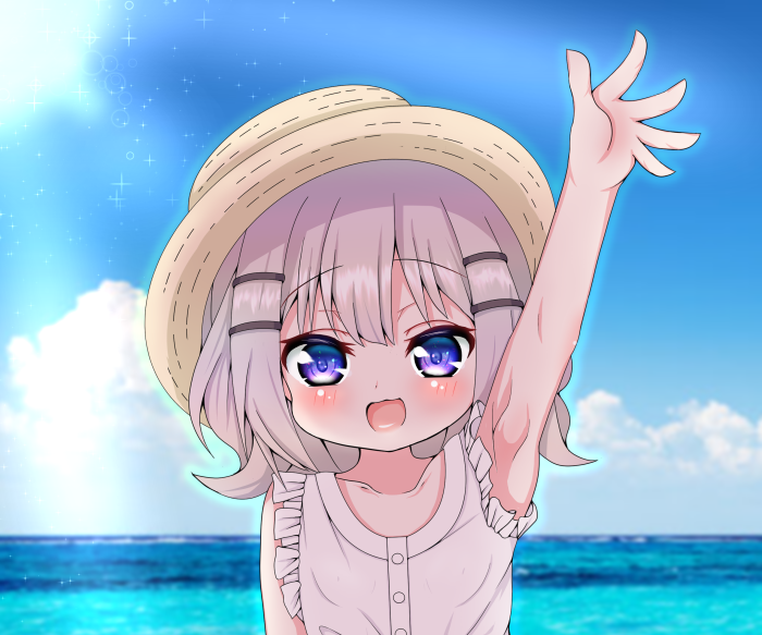 Girl in Straw Hat Waving on a Beach