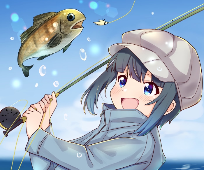 Hiyori Minagi fishing with a large fish jumping