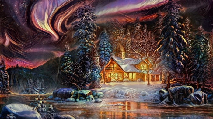 Cozy cabin in a snowy forest under the aurora borealis
