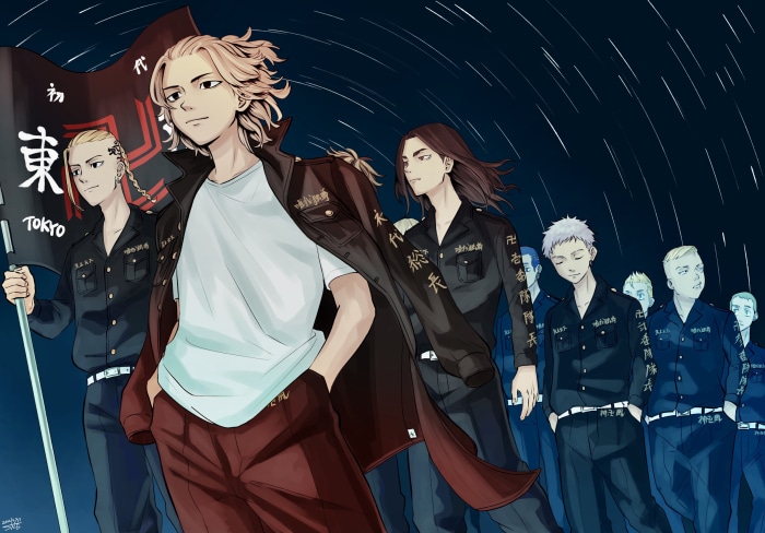 Tokyo Revengers characters walking under starry sky