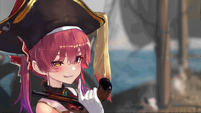 Houshou Marine from Hololive holding a flintlock pistol