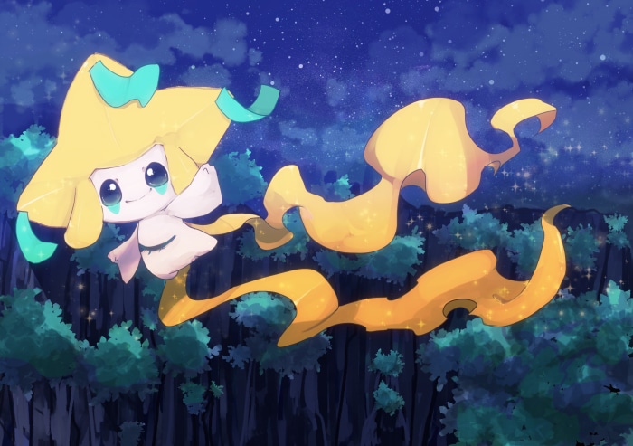 Jirachi from Pokémon flying at night
