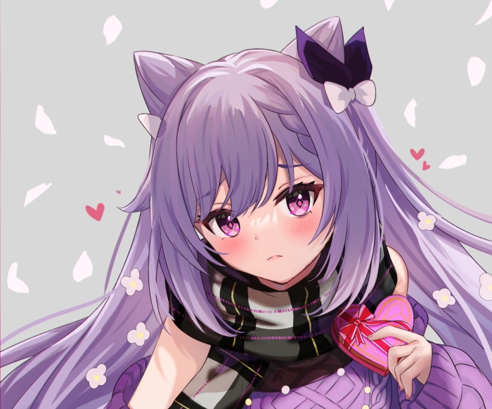 Keqing from Genshin Impact holding a heart-shaped chocolate box