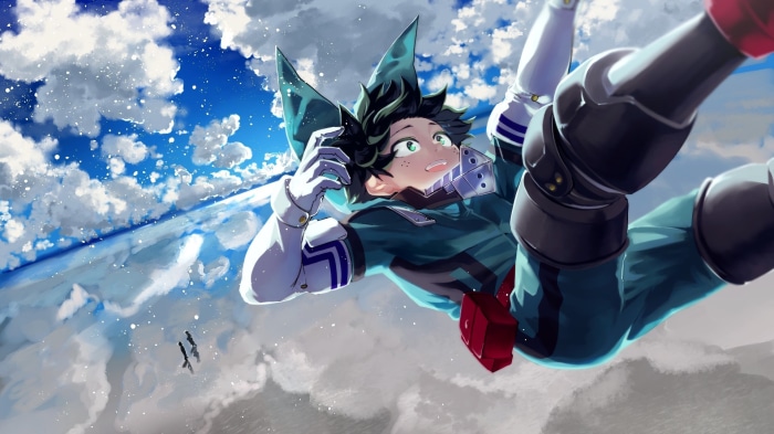 Izuku Midoriya from My Hero Academia falling through clouds