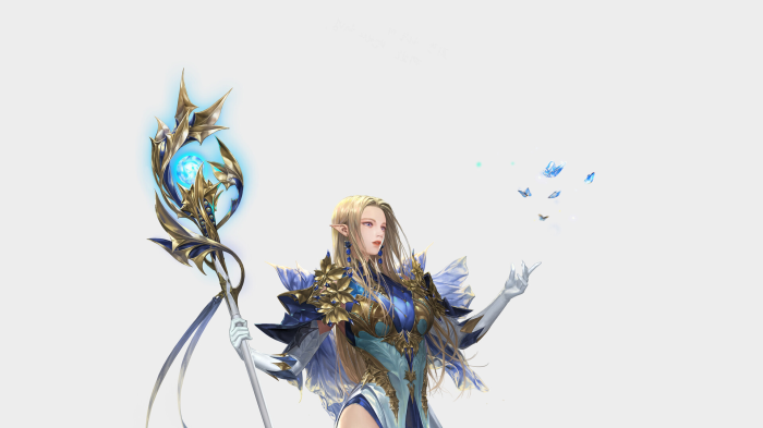 Elf mage with staff and blue butterflies