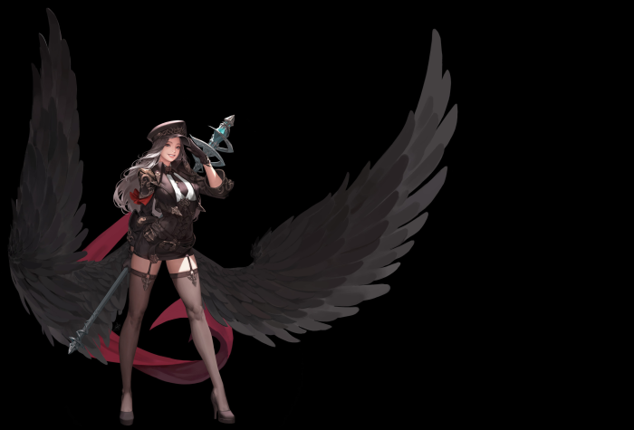 Woman with black wings and a staff
