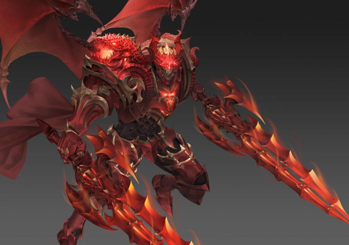 Demon warrior with dragon heads and fiery swords