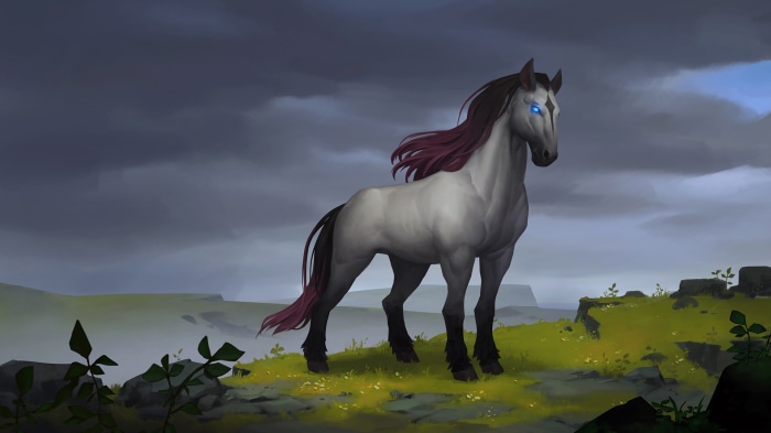 A horse with glowing blue eyes in Northgard