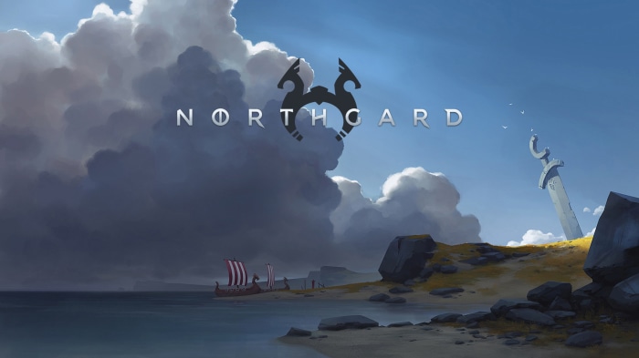 Northgard game logo with Viking ships and a sword