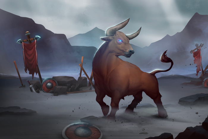 Minotaur in a desolate battlefield with banners and shields