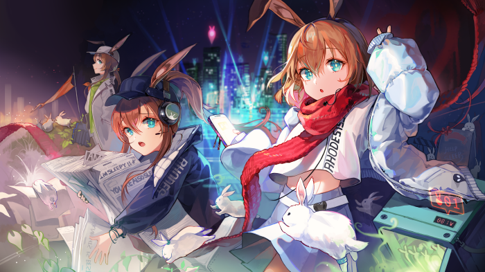 Amiya from Arknights with rabbits in a city at night
