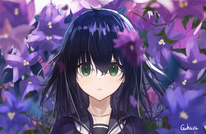 Anime girl with green eyes and dark hair surrounded by purple flowers