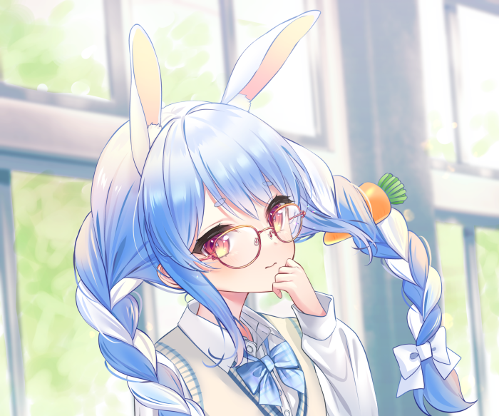 Usada Pekora from Hololive wearing glasses and a school uniform