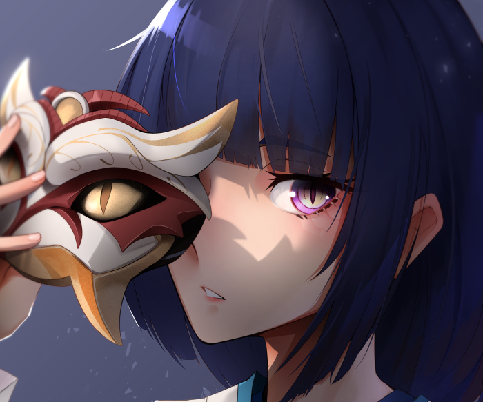 Kujou Sara from Genshin Impact holding a mask
