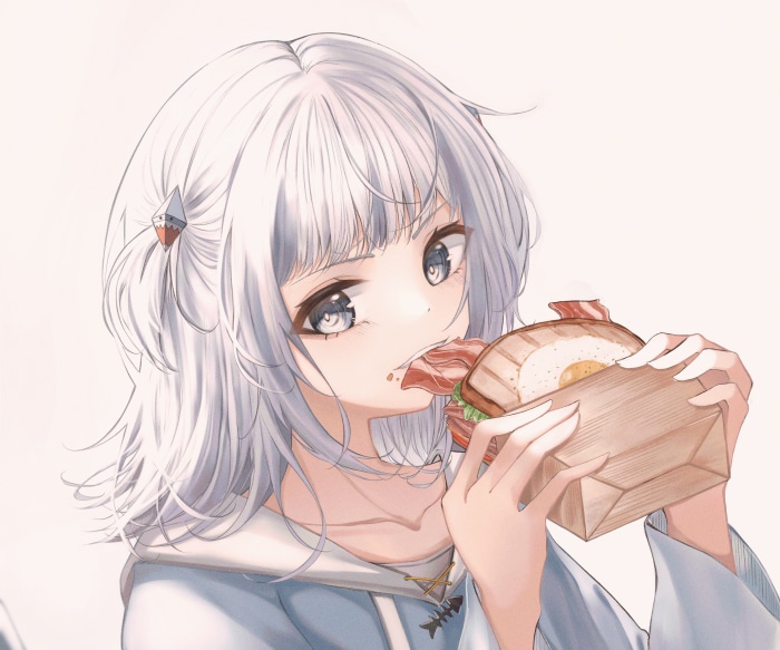 Gawr Gura from Hololive eating a sandwich