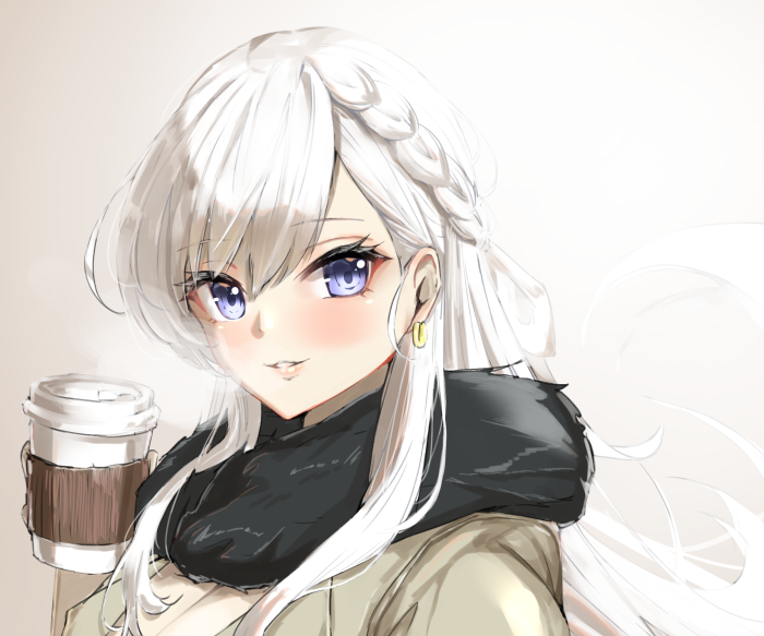 Belfast from Azur Lane holding a coffee cup