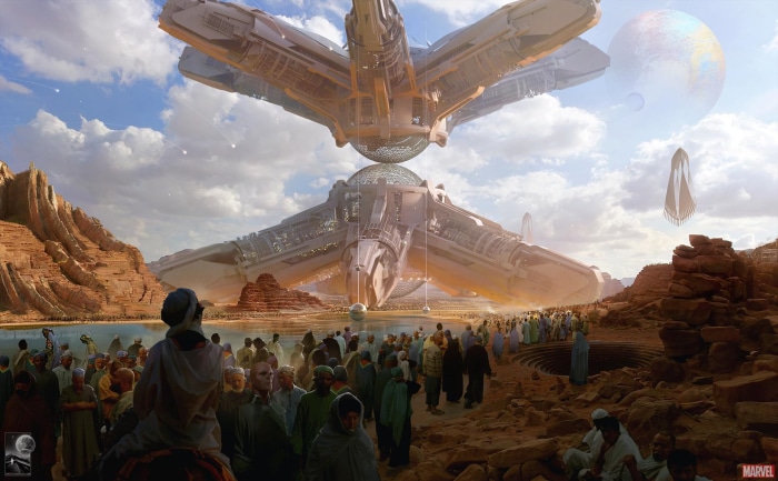 Alien ship over desert landscape with crowd