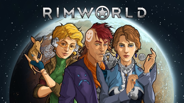 RimWorld characters with planet and stars background