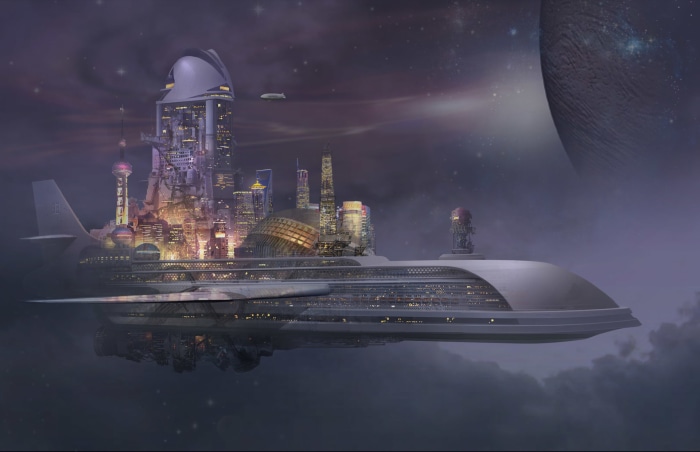 Futuristic city on a flying cruise ship