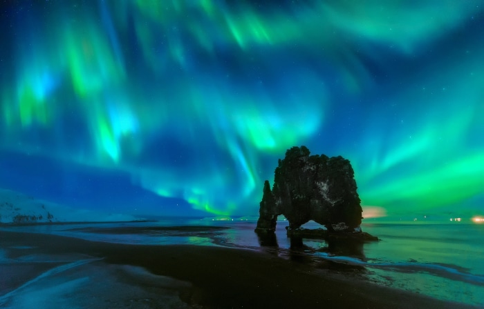 Aurora Borealis over Hvítserkur Arch, Iceland