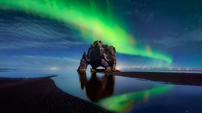 Hvítserkur rock formation under Aurora Borealis in Iceland