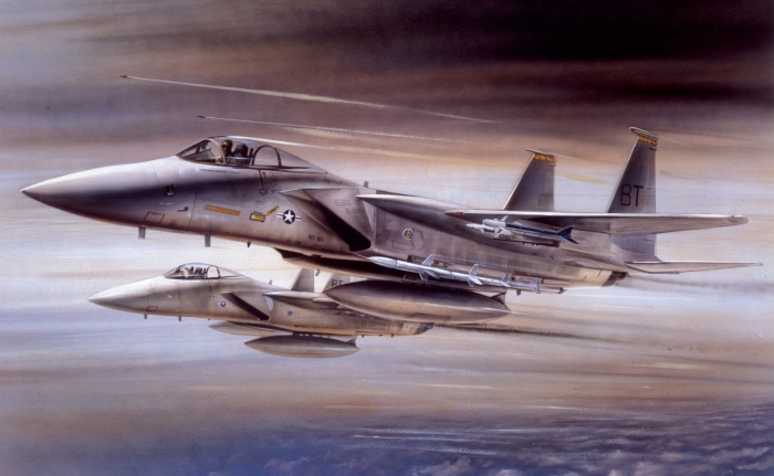 Two McDonnell Douglas F-15 Eagle fighter jets in flight