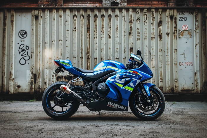 Blue Suzuki GSX-R1000 motorcycle parked
