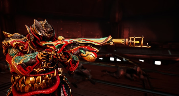 Warframe character holding a rifle