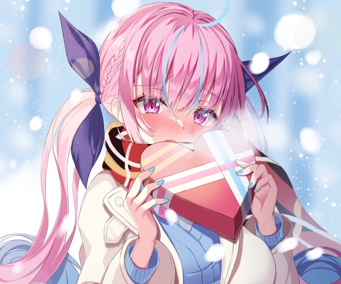 Minato Aqua from Hololive holding a heart-shaped box