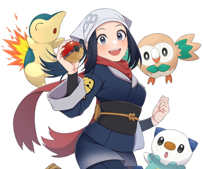 Akari from Pokémon with Cyndaquil, Rowlet, and Oshawott
