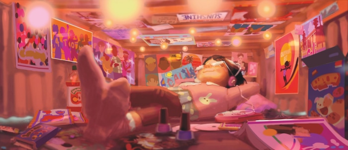 Mei Lee from Turning Red relaxing in her room