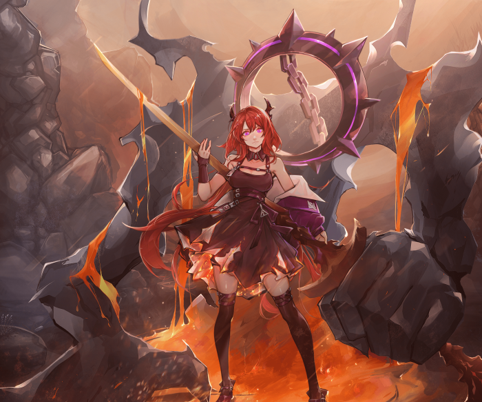 Surtr from Arknights with a flaming weapon
